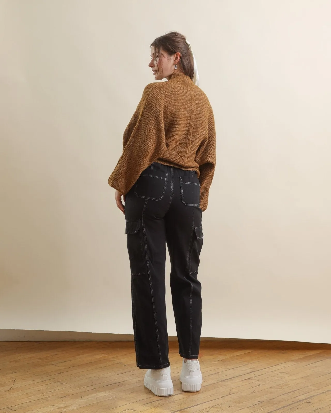 Brown High Neck Balloon Sleeve Sweater with Front Seam Detail
