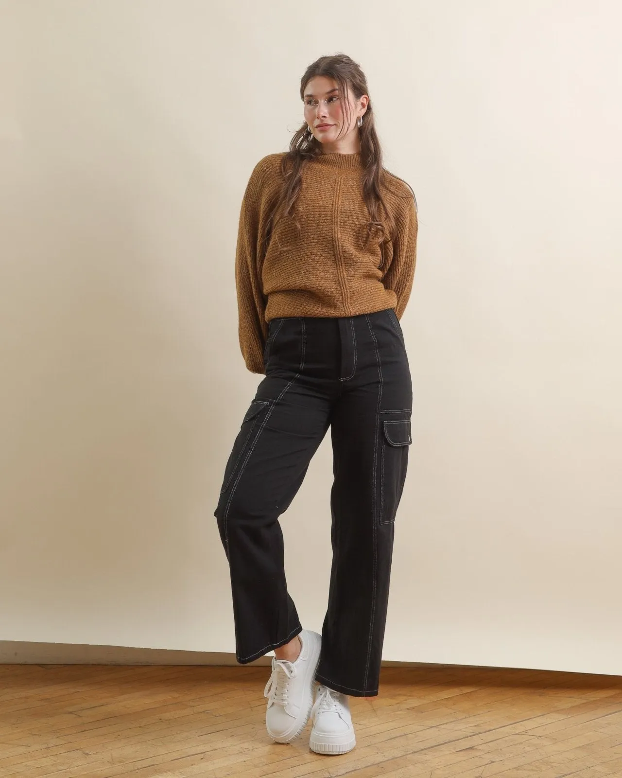 Brown High Neck Balloon Sleeve Sweater with Front Seam Detail