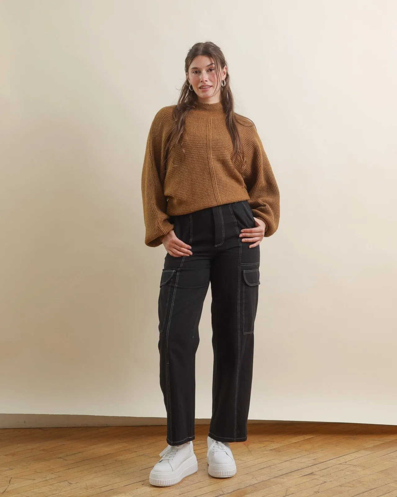 Brown High Neck Balloon Sleeve Sweater with Front Seam Detail