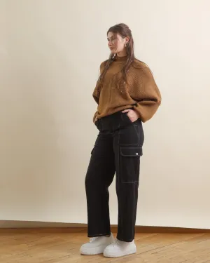 Brown High Neck Balloon Sleeve Sweater with Front Seam Detail