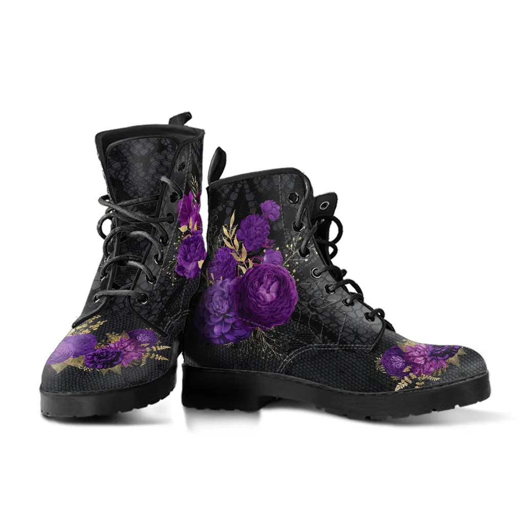 Combat Boots - Beautiful Flowers #102T | Women's Black Hipster Boots, Custom Shoes, Women's Boots, Vegan Leather Lace Up Boots Women