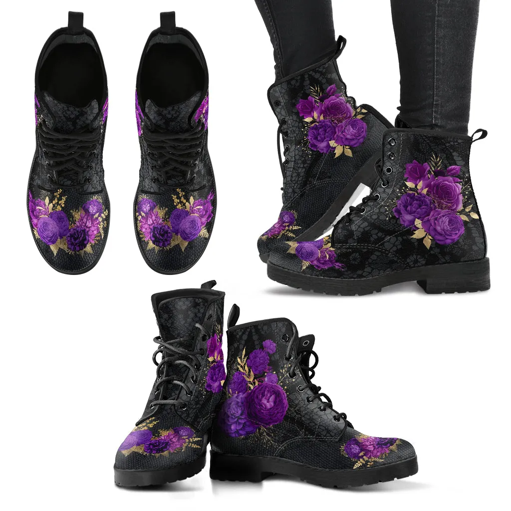 Combat Boots - Beautiful Flowers #102T | Women's Black Hipster Boots, Custom Shoes, Women's Boots, Vegan Leather Lace Up Boots Women