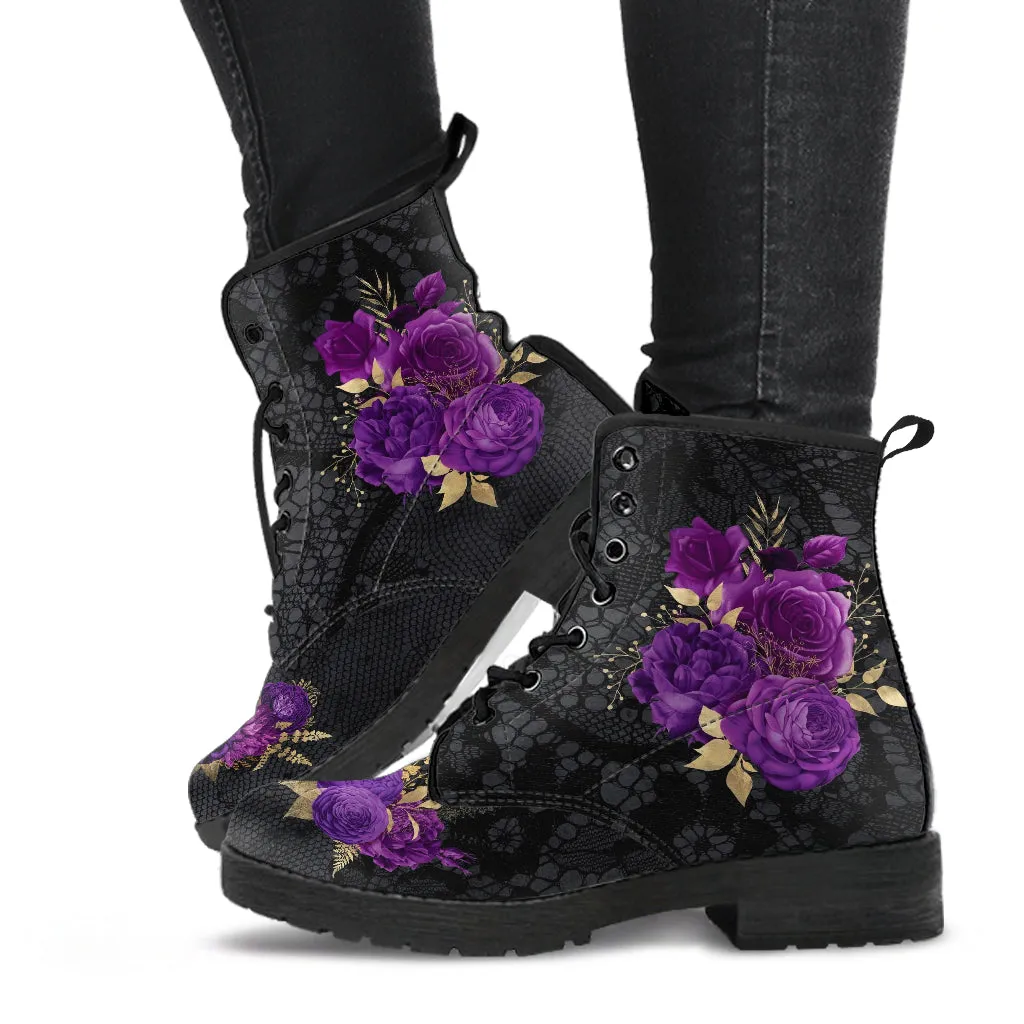 Combat Boots - Beautiful Flowers #102T | Women's Black Hipster Boots, Custom Shoes, Women's Boots, Vegan Leather Lace Up Boots Women