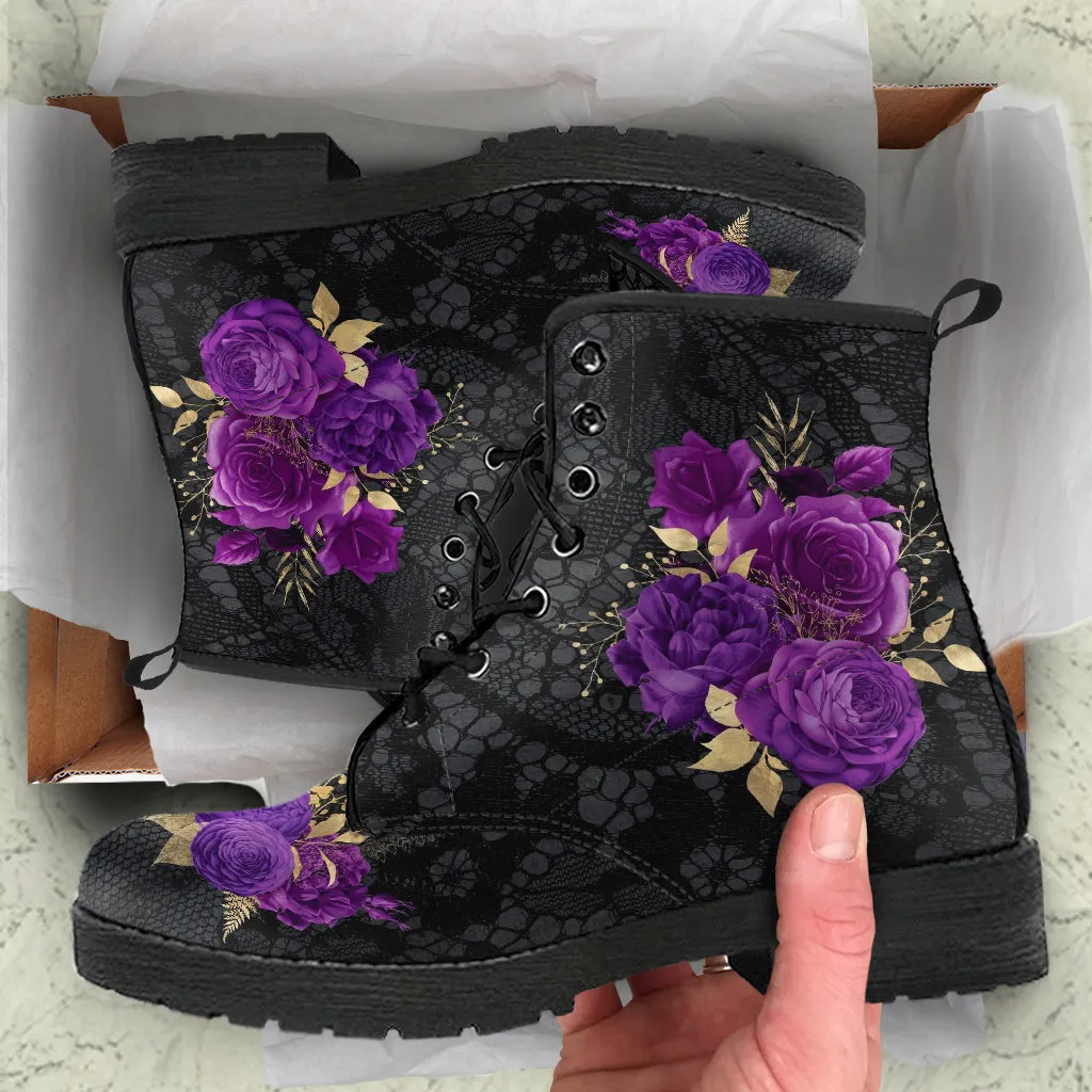 Combat Boots - Beautiful Flowers #102T | Women's Black Hipster Boots, Custom Shoes, Women's Boots, Vegan Leather Lace Up Boots Women
