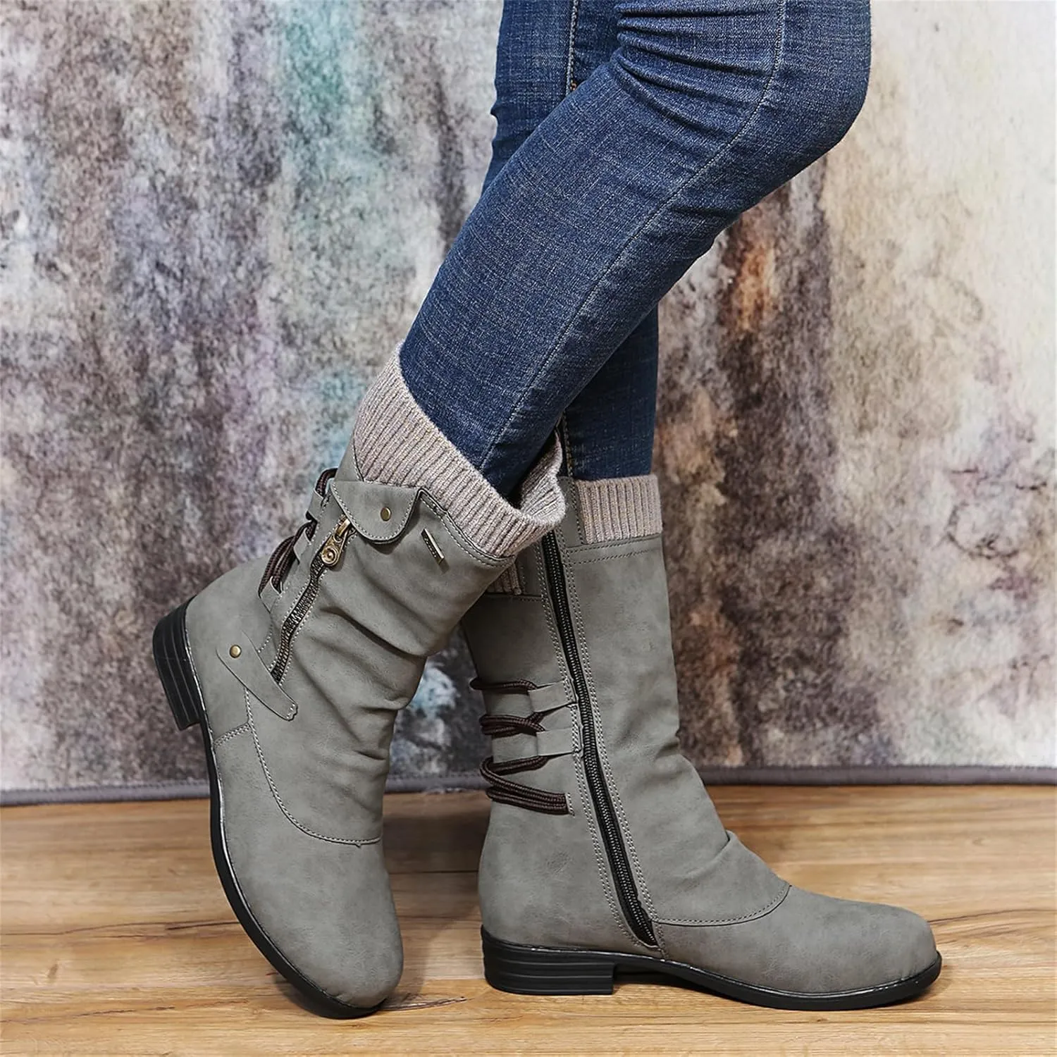 Cowgirl Bo_ots Women Wide_Calf Zipper Combat bo_ots Mid-Calf Military Winter bo_ot Low He_el Motorcycle Riding bo_ots