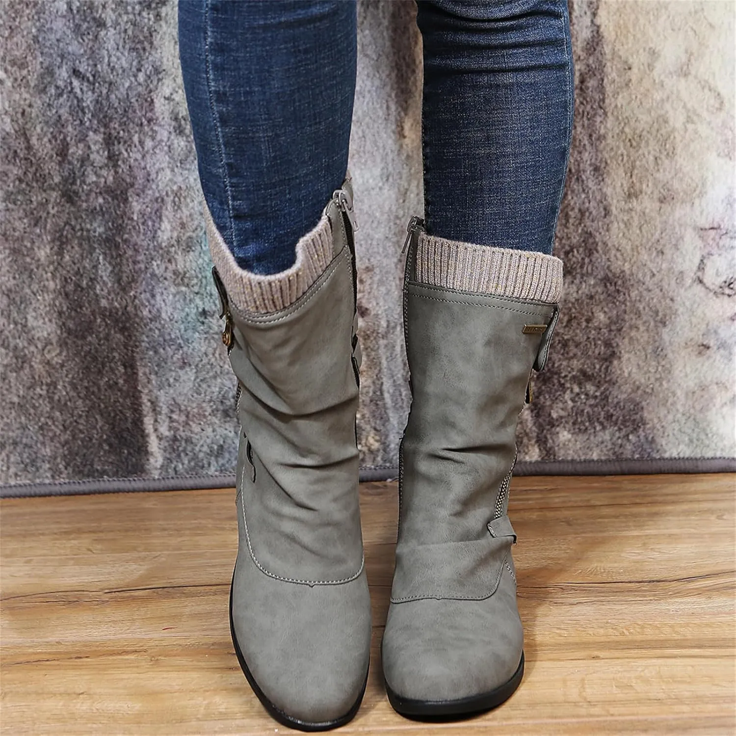 Cowgirl Bo_ots Women Wide_Calf Zipper Combat bo_ots Mid-Calf Military Winter bo_ot Low He_el Motorcycle Riding bo_ots