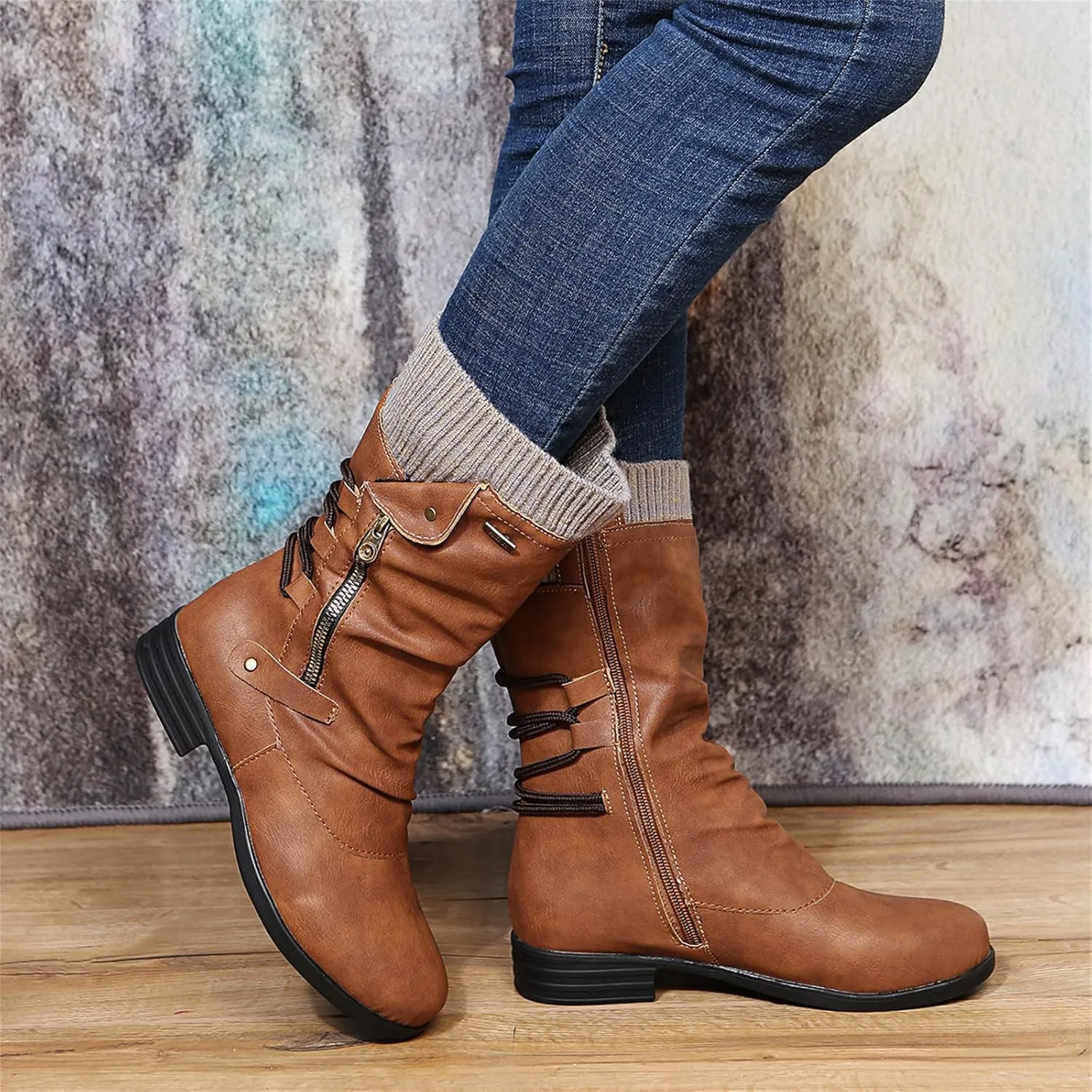 Cowgirl Bo_ots Women Wide_Calf Zipper Combat bo_ots Mid-Calf Military Winter bo_ot Low He_el Motorcycle Riding bo_ots
