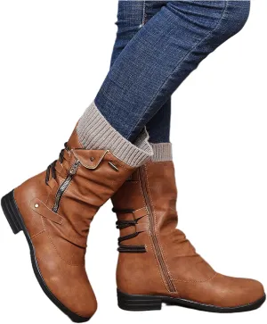 Cowgirl Bo_ots Women Wide_Calf Zipper Combat bo_ots Mid-Calf Military Winter bo_ot Low He_el Motorcycle Riding bo_ots