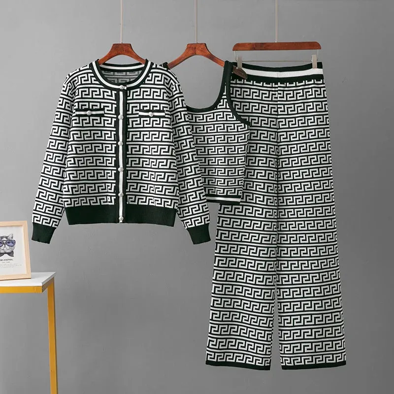 Geometric 3-Piece Knitted Co-ord Set with Crop Top & Cardigan