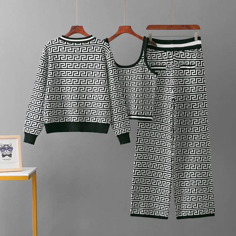 Geometric 3-Piece Knitted Co-ord Set with Crop Top & Cardigan
