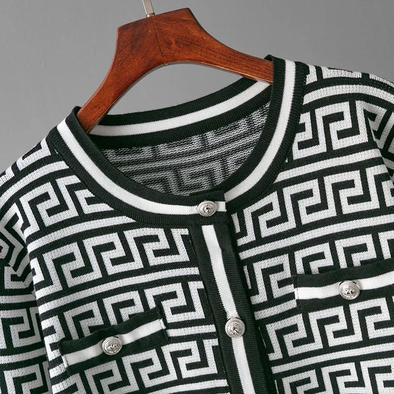 Geometric 3-Piece Knitted Co-ord Set with Crop Top & Cardigan