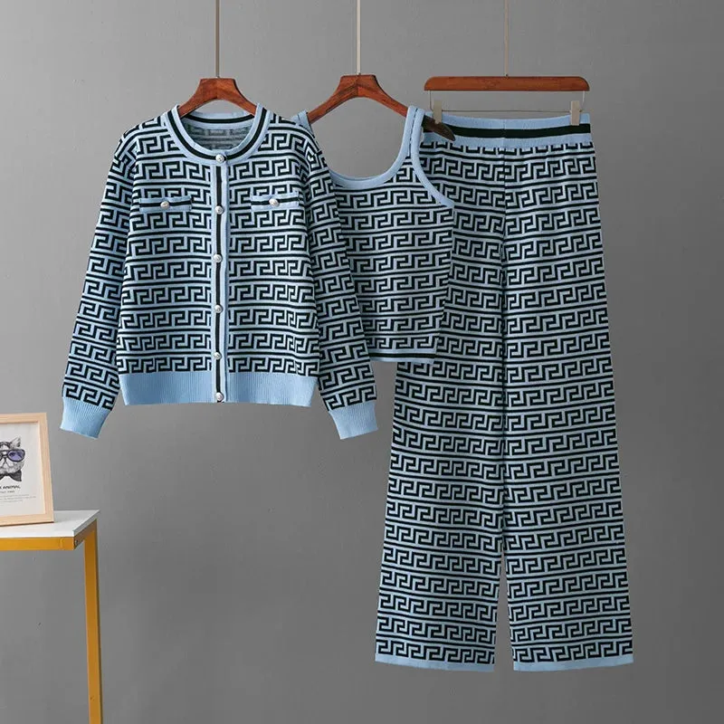 Geometric 3-Piece Knitted Co-ord Set with Crop Top & Cardigan