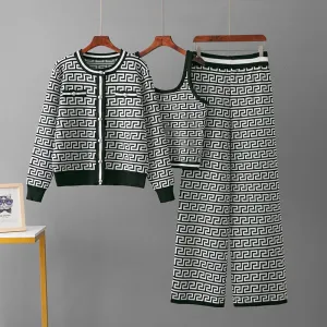 Geometric 3-Piece Knitted Co-ord Set with Crop Top & Cardigan