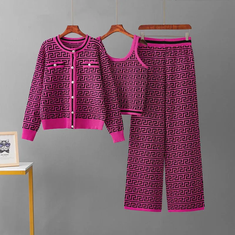 Geometric 3-Piece Knitted Co-ord Set with Crop Top & Cardigan
