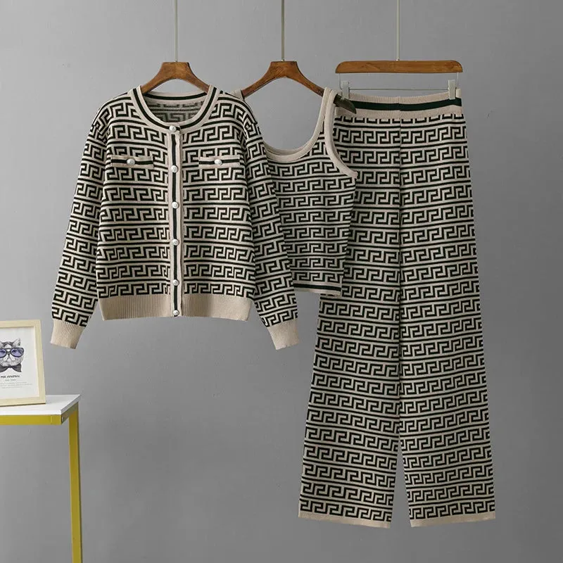 Geometric 3-Piece Knitted Co-ord Set with Crop Top & Cardigan