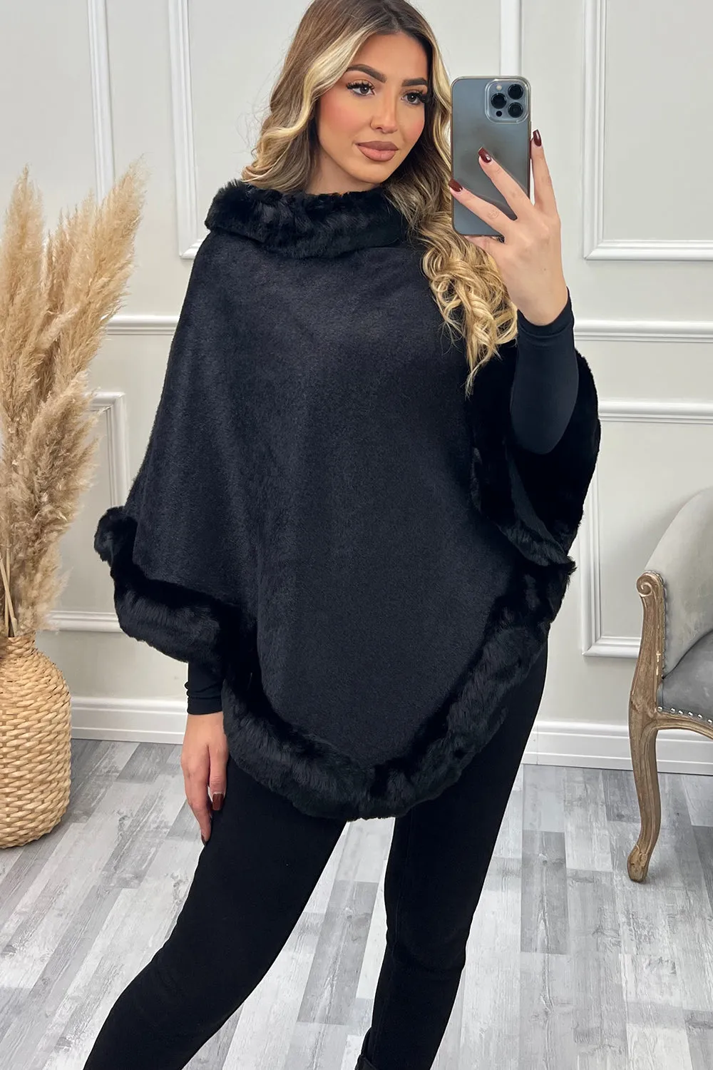 Gwen Black Faux Fur Trim Pull Over Cape