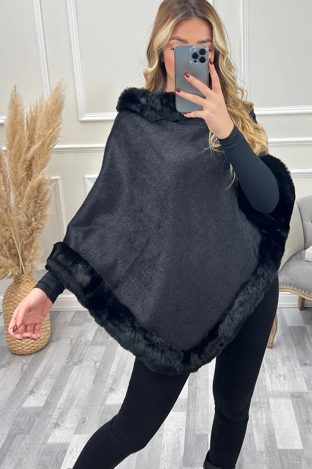 Gwen Black Faux Fur Trim Pull Over Cape