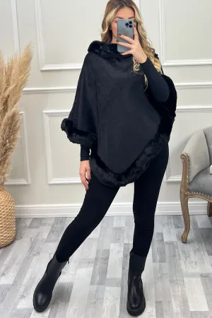 Gwen Black Faux Fur Trim Pull Over Cape