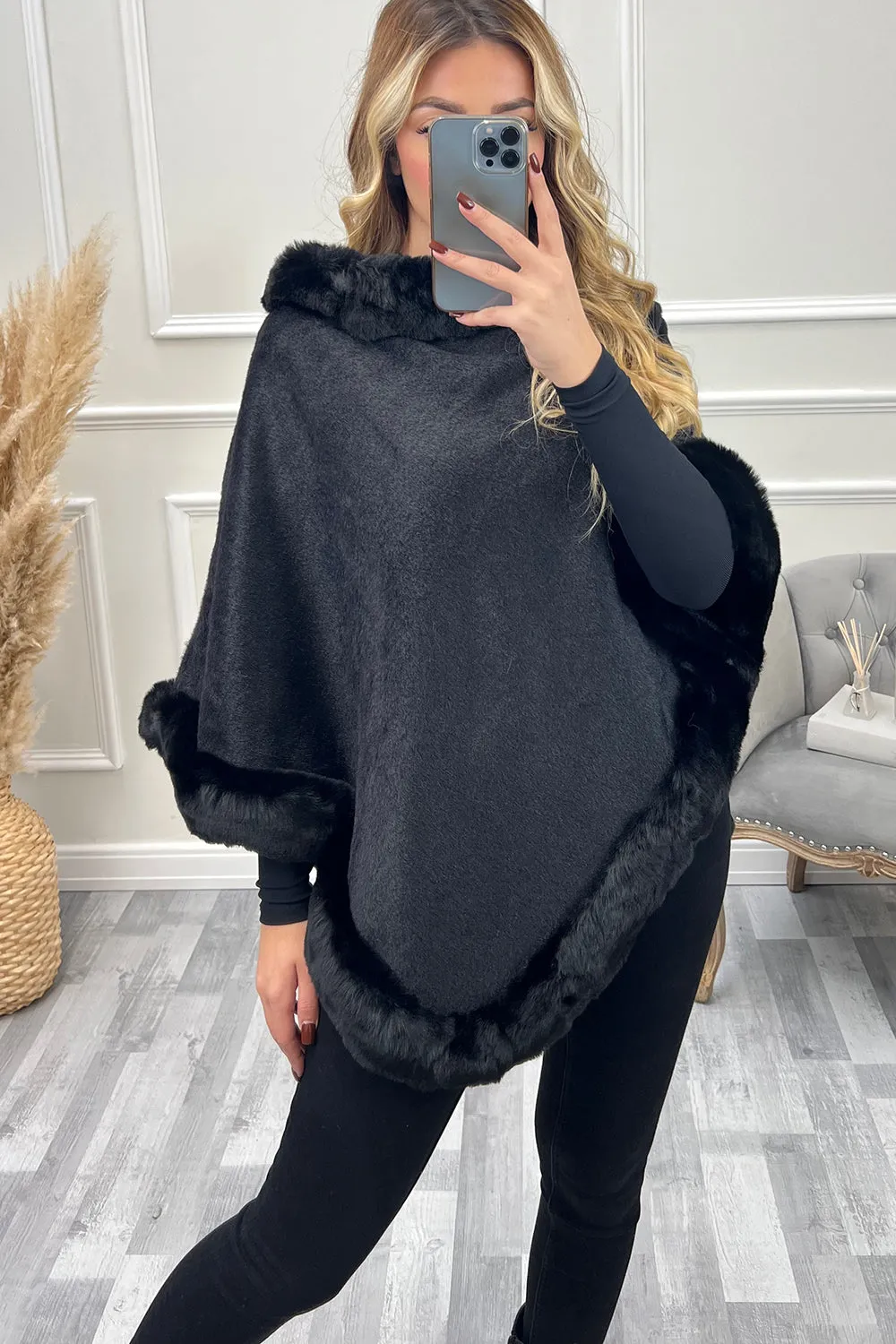 Gwen Black Faux Fur Trim Pull Over Cape