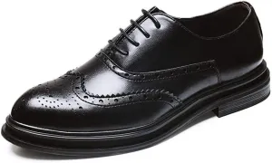 HOOENG Oxford Shoes for Men Lace Up Wing Tip Brogue Burnished Toe Shoes Vegan Leather Slip Resistant Block Heel Rubber Sole Low Top Wedding (Color : Black Fleece Lined, Size : 6)
