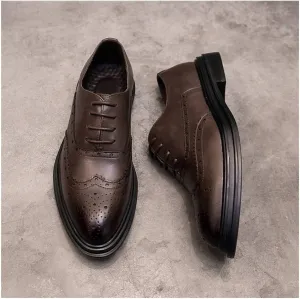 HOOENG Oxford Shoes for Men Lace Up Wing Tip Brogue Burnished Toe Shoes Vegan Leather Slip Resistant Block Heel Rubber Sole Low Top Wedding (Color : Brown, Size : 7)