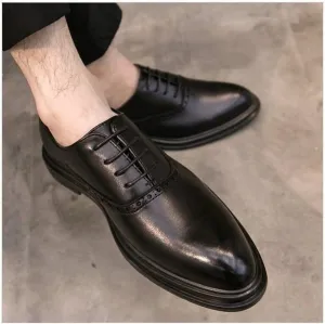 HOOENG Oxford Shoes for Men Lace Up Wing Tip Brogue Burnished Toe Shoes Vegan Leather Slip Resistant Block Heel Rubber Sole Low Top Wedding (Color : Glossy Black, Size : 10.5)