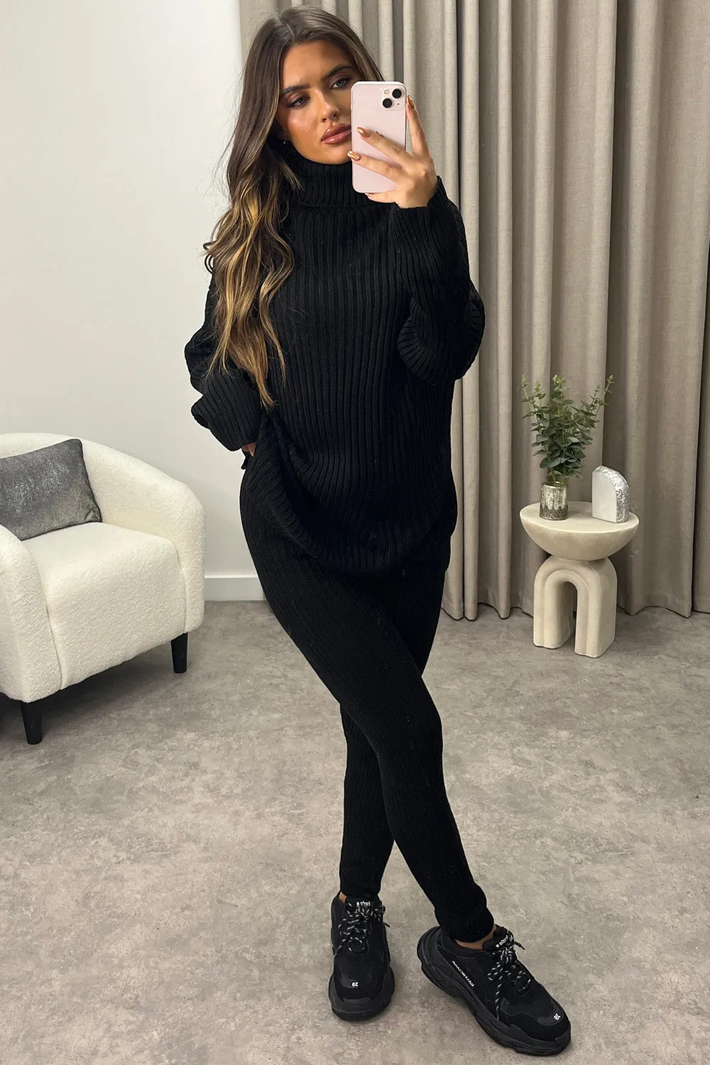 Juniper Black Oversized Roll Neck Knitted Co-Ord