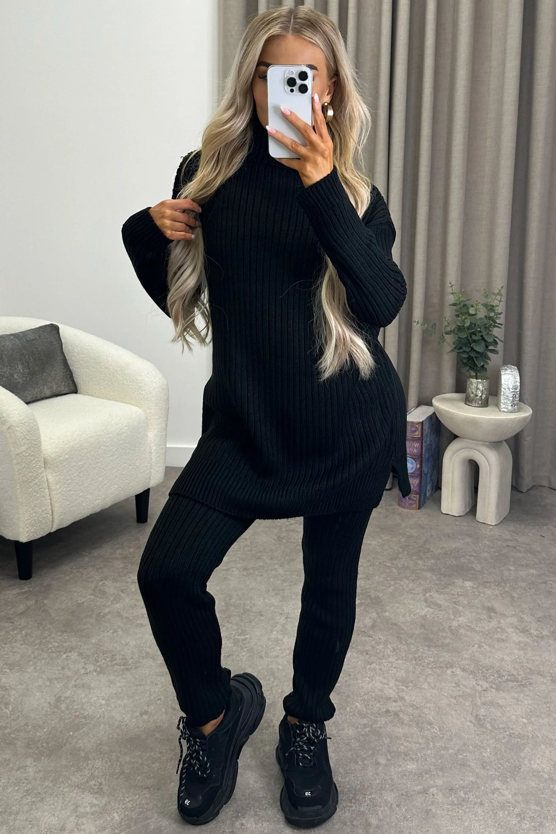 Juniper Black Oversized Roll Neck Knitted Co-Ord