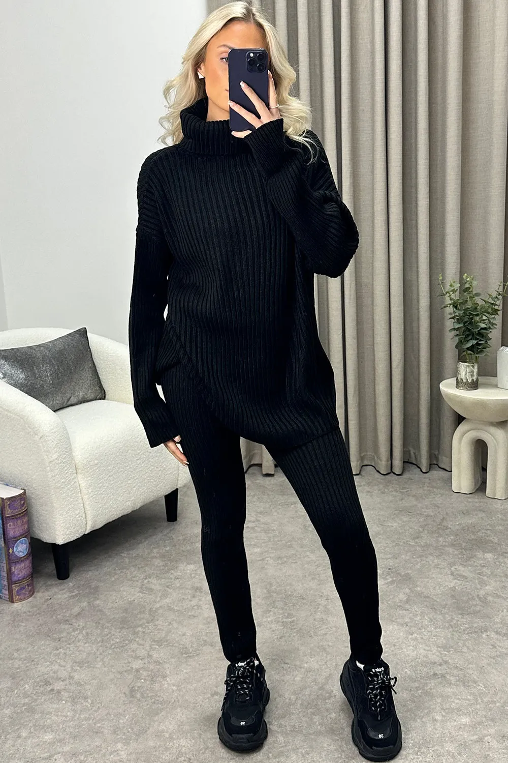 Juniper Black Oversized Roll Neck Knitted Co-Ord