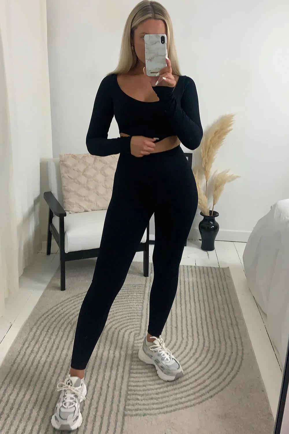 Kasey Black Ribbed Corset Crop Top and Leggings Gym Set