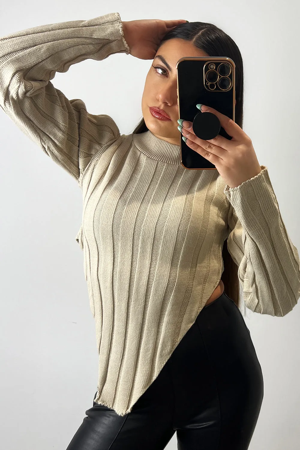 Kaya Beige Distressed Hem Knit Long Sleeve Crop Jumper
