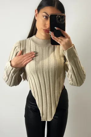 Kaya Beige Distressed Hem Knit Long Sleeve Crop Jumper