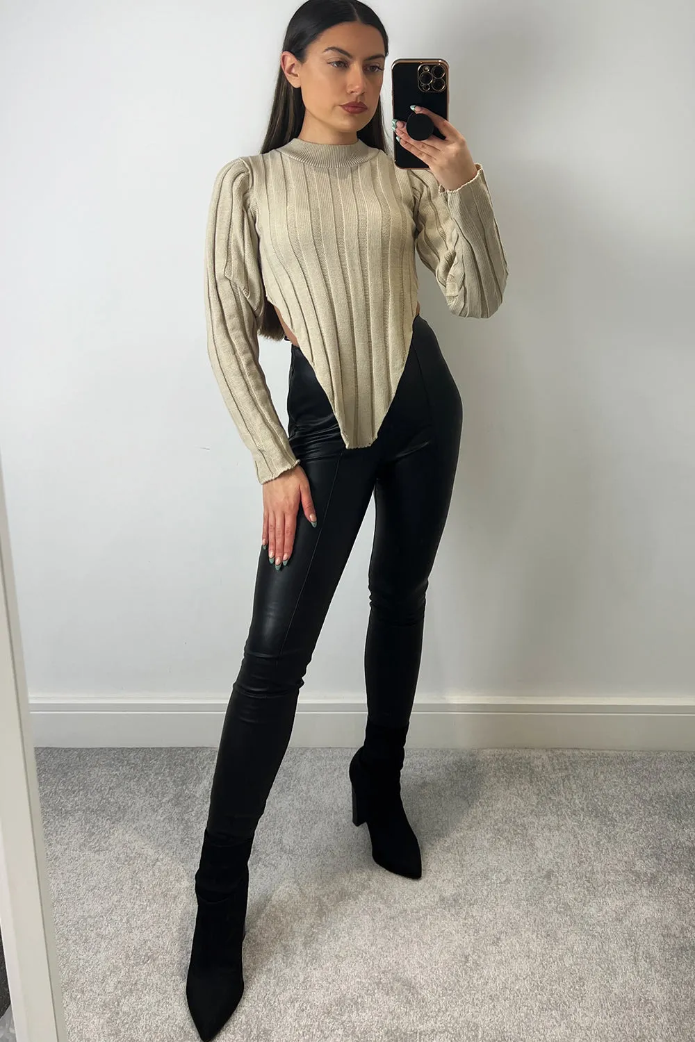 Kaya Beige Distressed Hem Knit Long Sleeve Crop Jumper