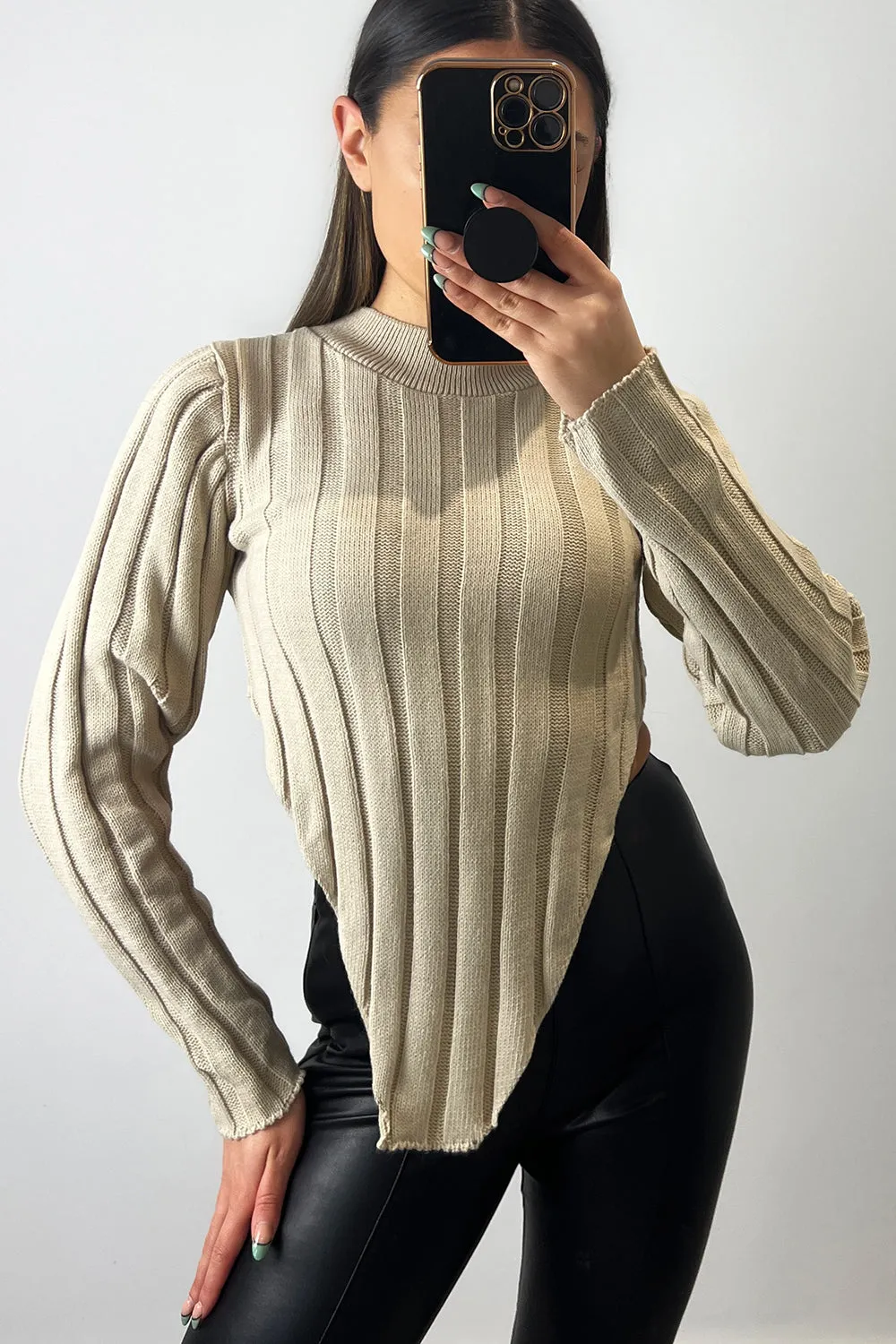 Kaya Beige Distressed Hem Knit Long Sleeve Crop Jumper