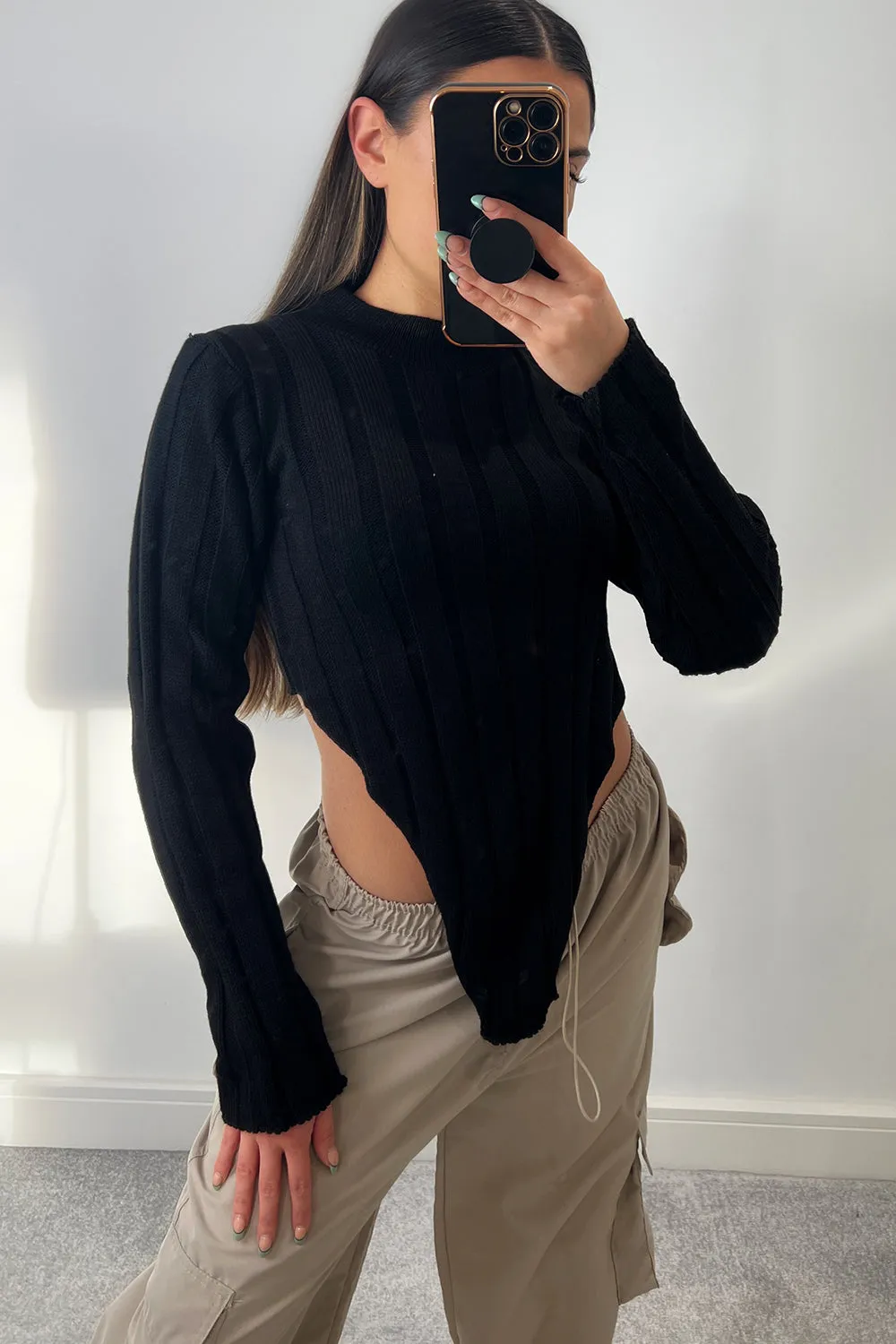 Kaya Black Distressed Hem Knit Long Sleeve Crop Jumper