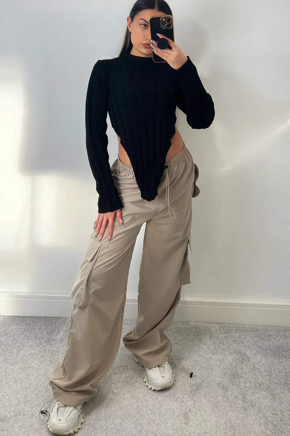 Kaya Black Distressed Hem Knit Long Sleeve Crop Jumper
