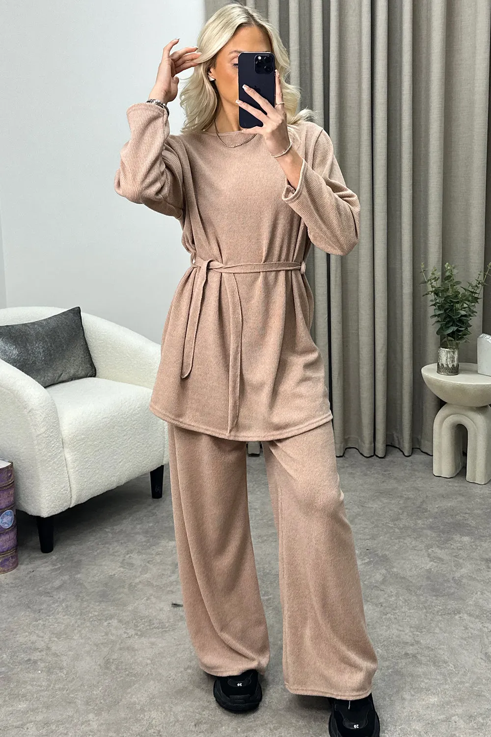 Kourtney Beige Tie Belted Top and Trousers Knit Loungewear Set