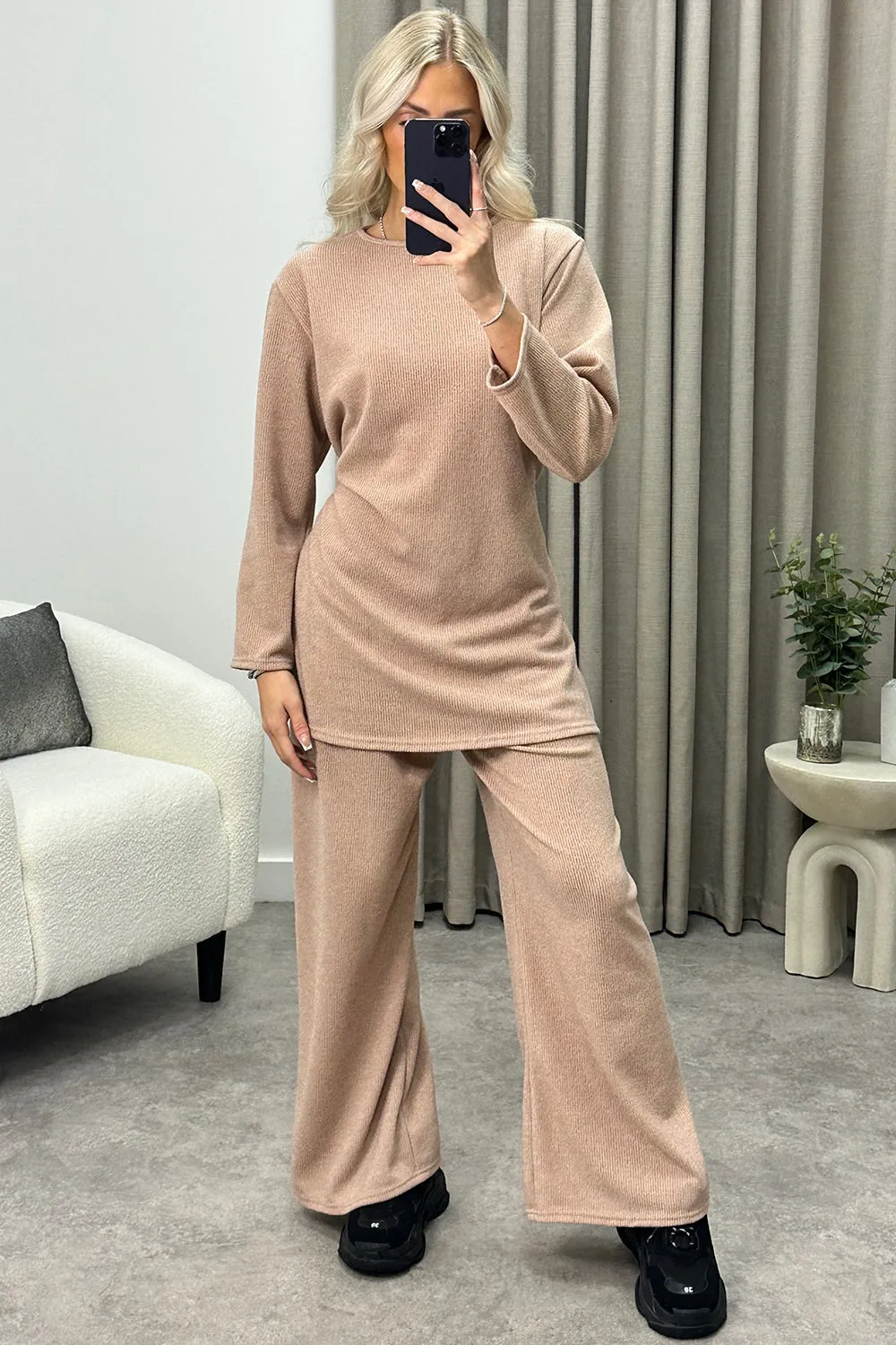 Kourtney Beige Tie Belted Top and Trousers Knit Loungewear Set