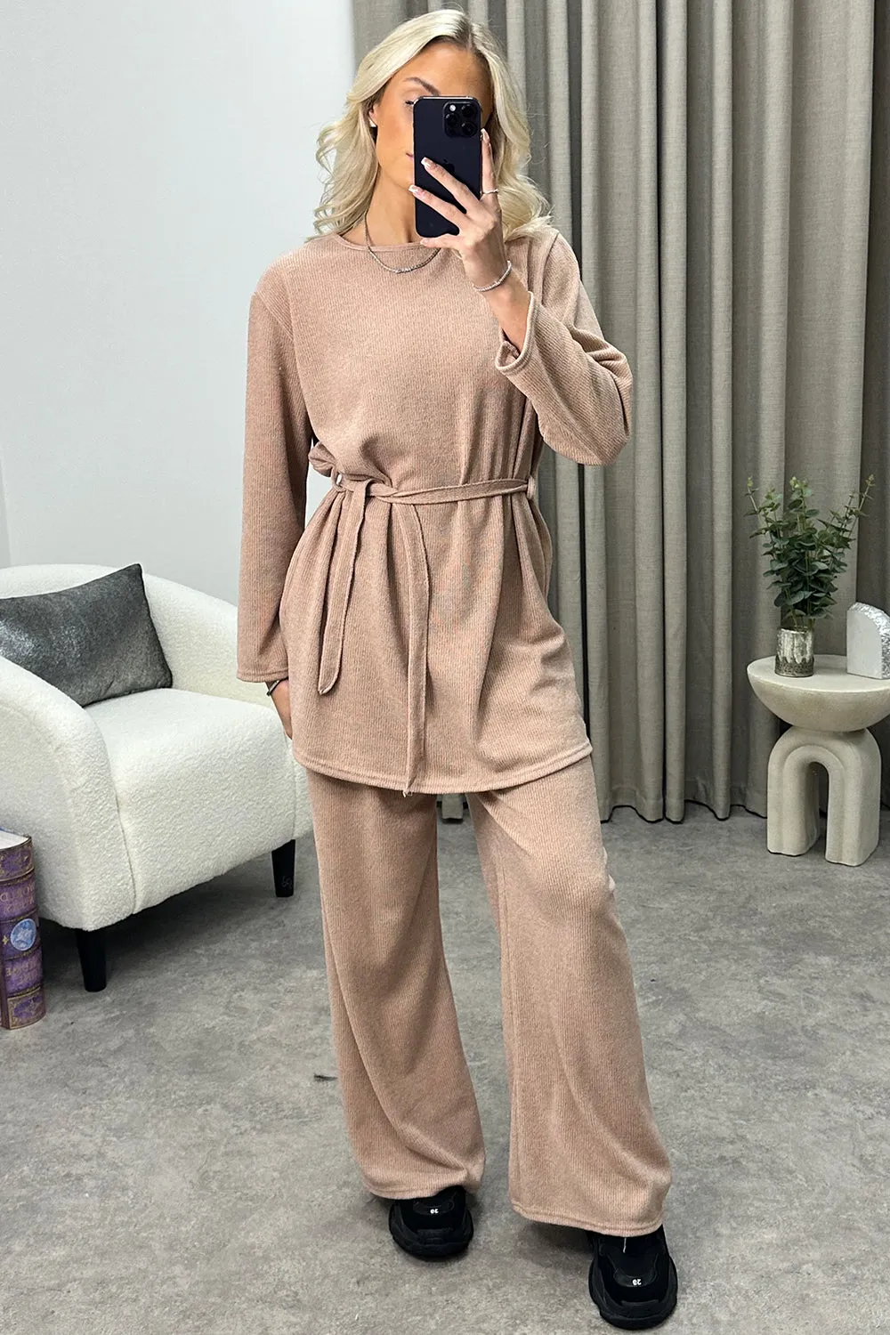 Kourtney Beige Tie Belted Top and Trousers Knit Loungewear Set
