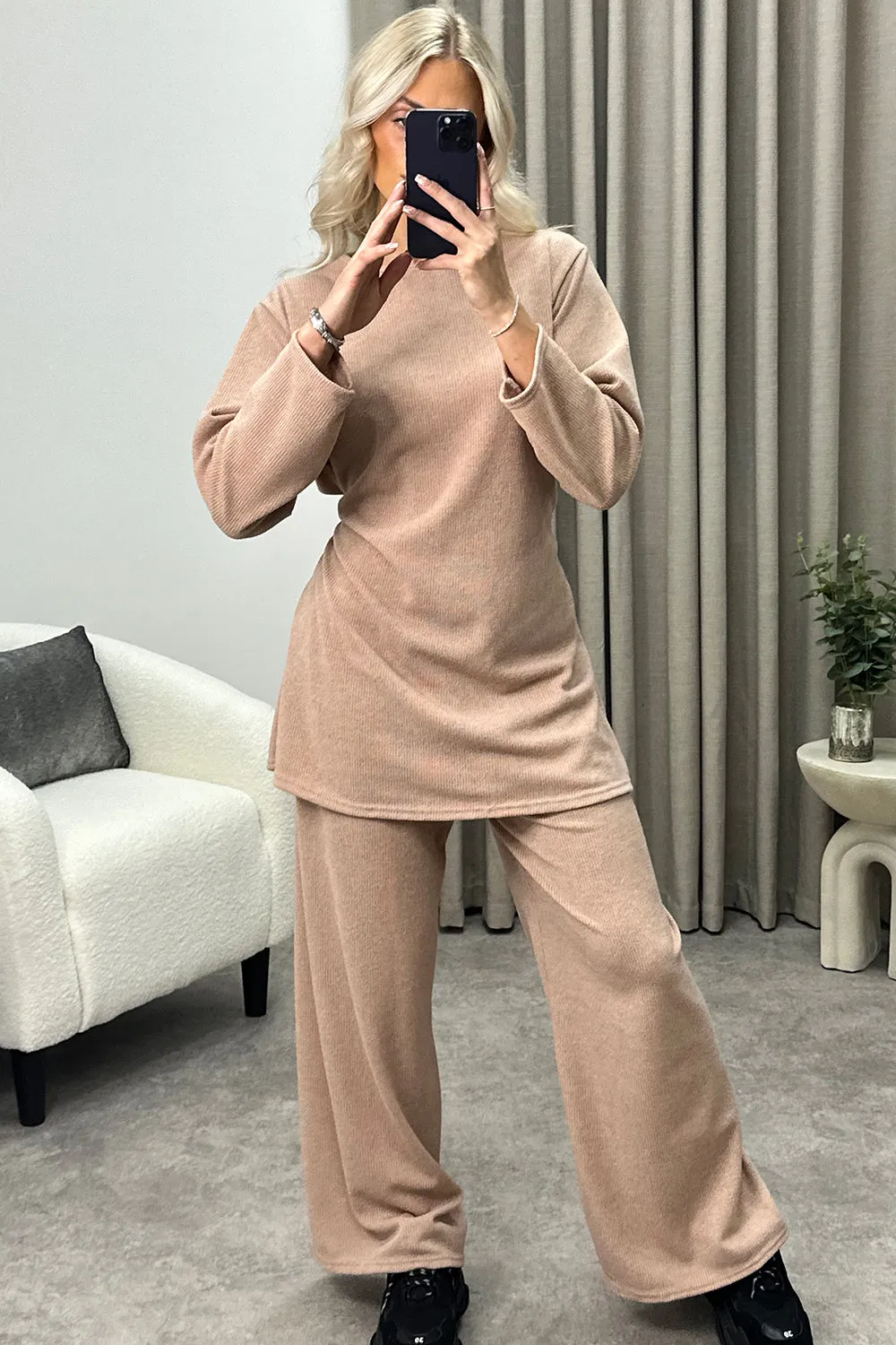 Kourtney Beige Tie Belted Top and Trousers Knit Loungewear Set