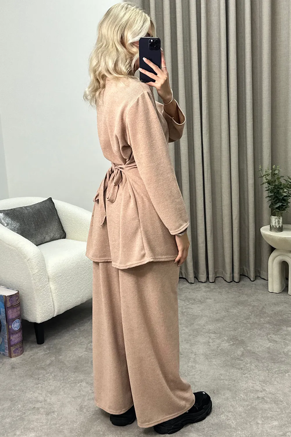 Kourtney Beige Tie Belted Top and Trousers Knit Loungewear Set