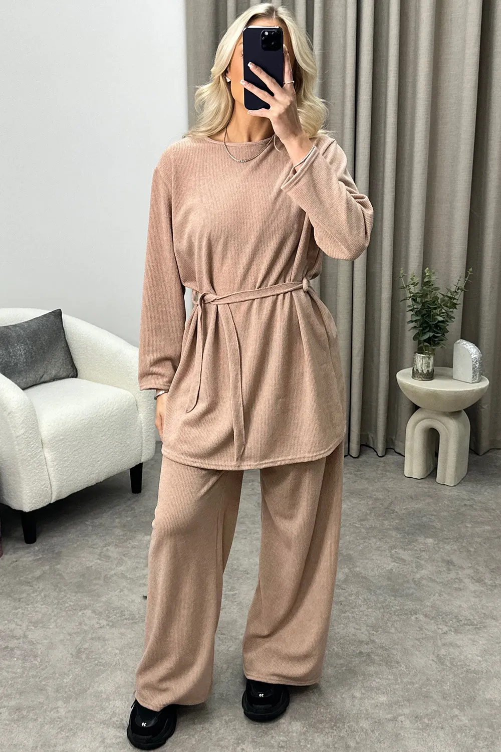Kourtney Beige Tie Belted Top and Trousers Knit Loungewear Set