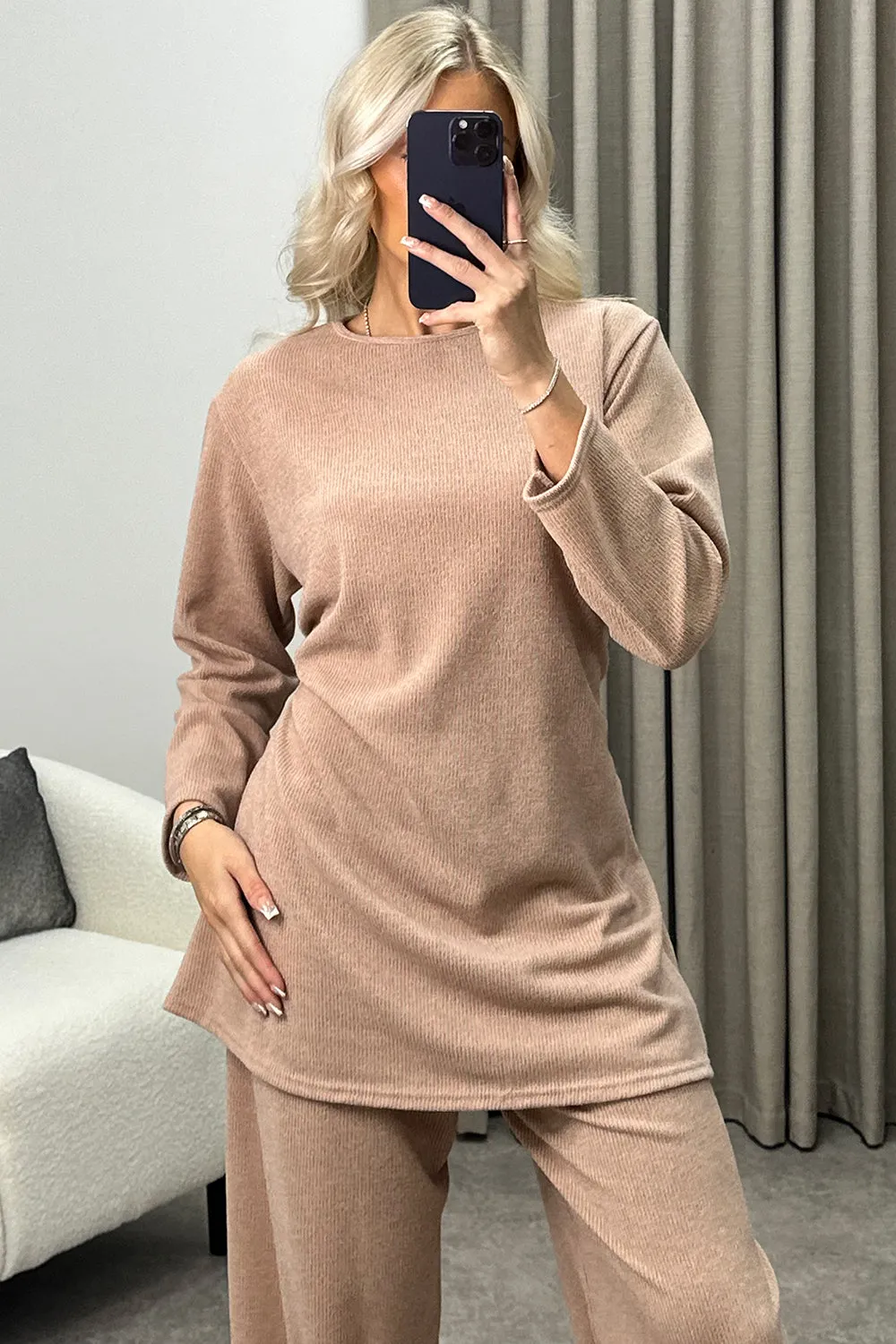 Kourtney Beige Tie Belted Top and Trousers Knit Loungewear Set