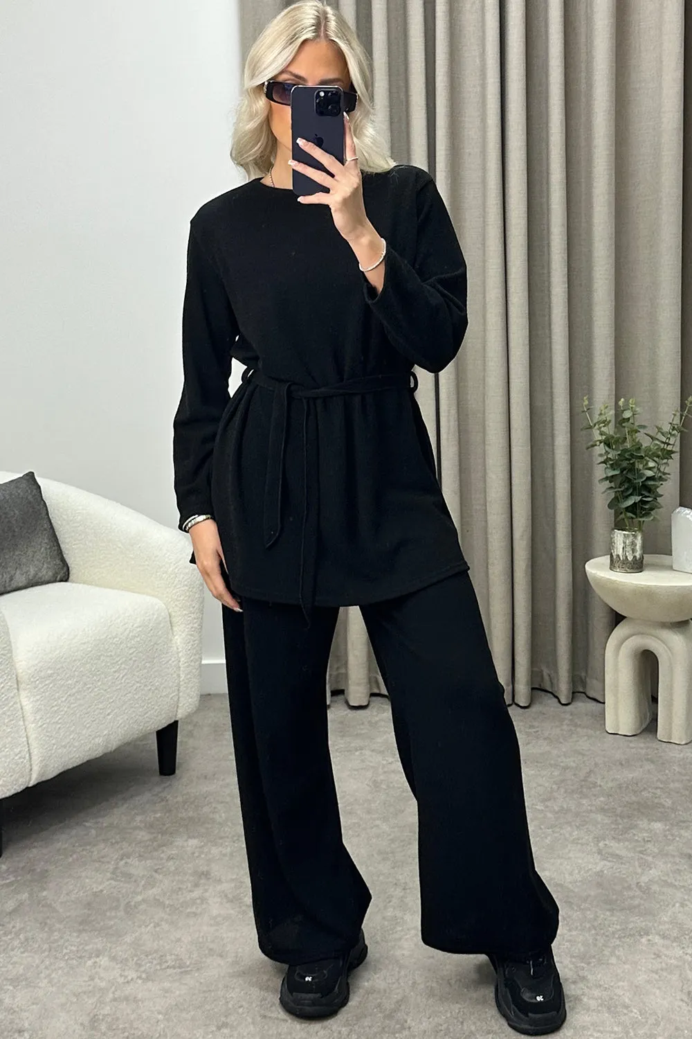 Kourtney Black Tie Belted Top and Trousers Knit Loungewear Set