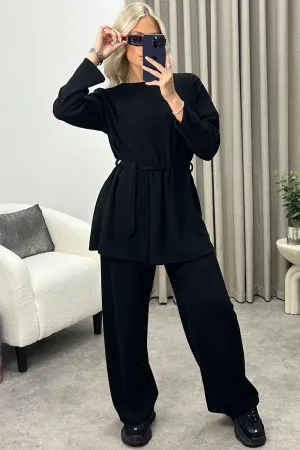 Kourtney Black Tie Belted Top and Trousers Knit Loungewear Set