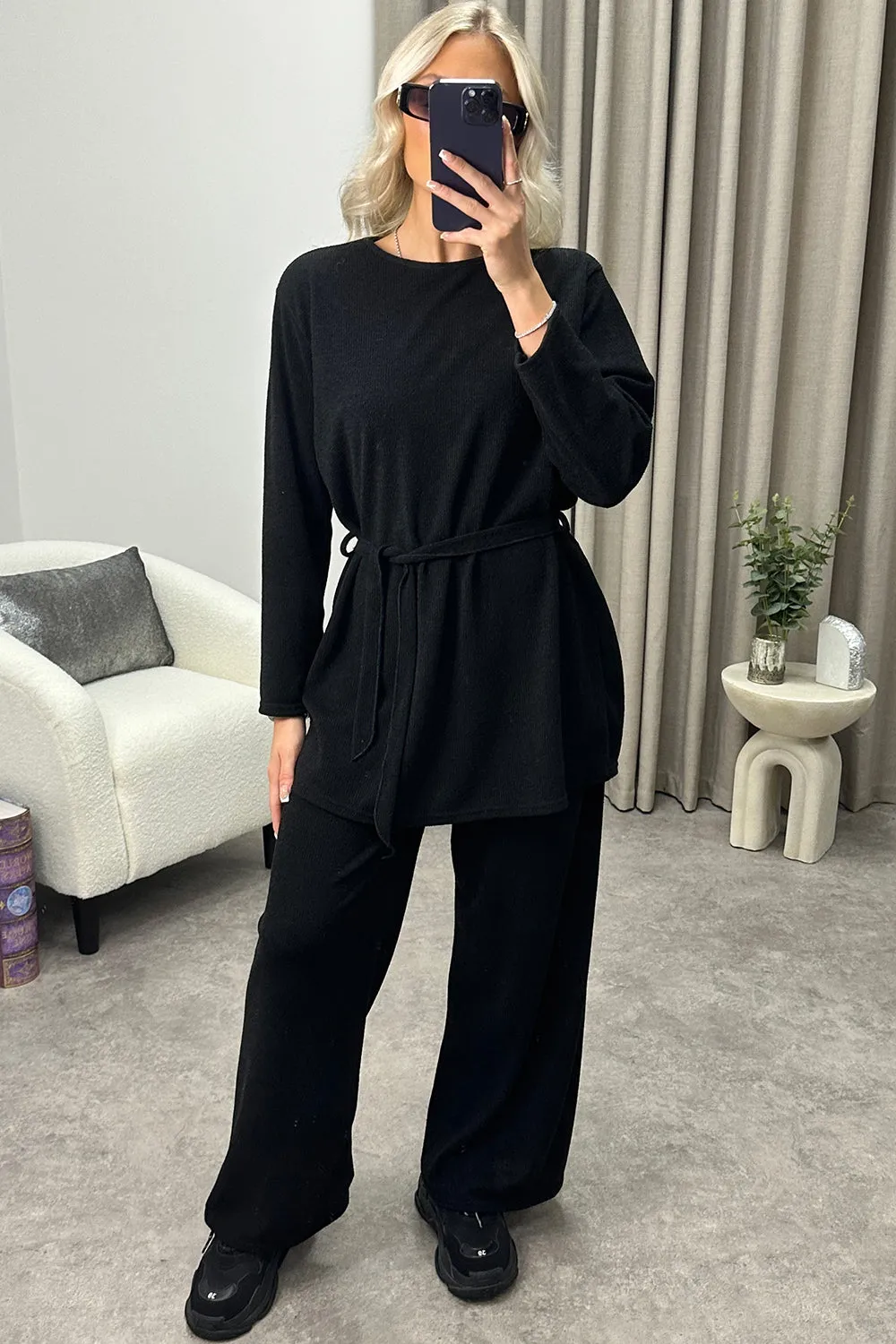 Kourtney Black Tie Belted Top and Trousers Knit Loungewear Set