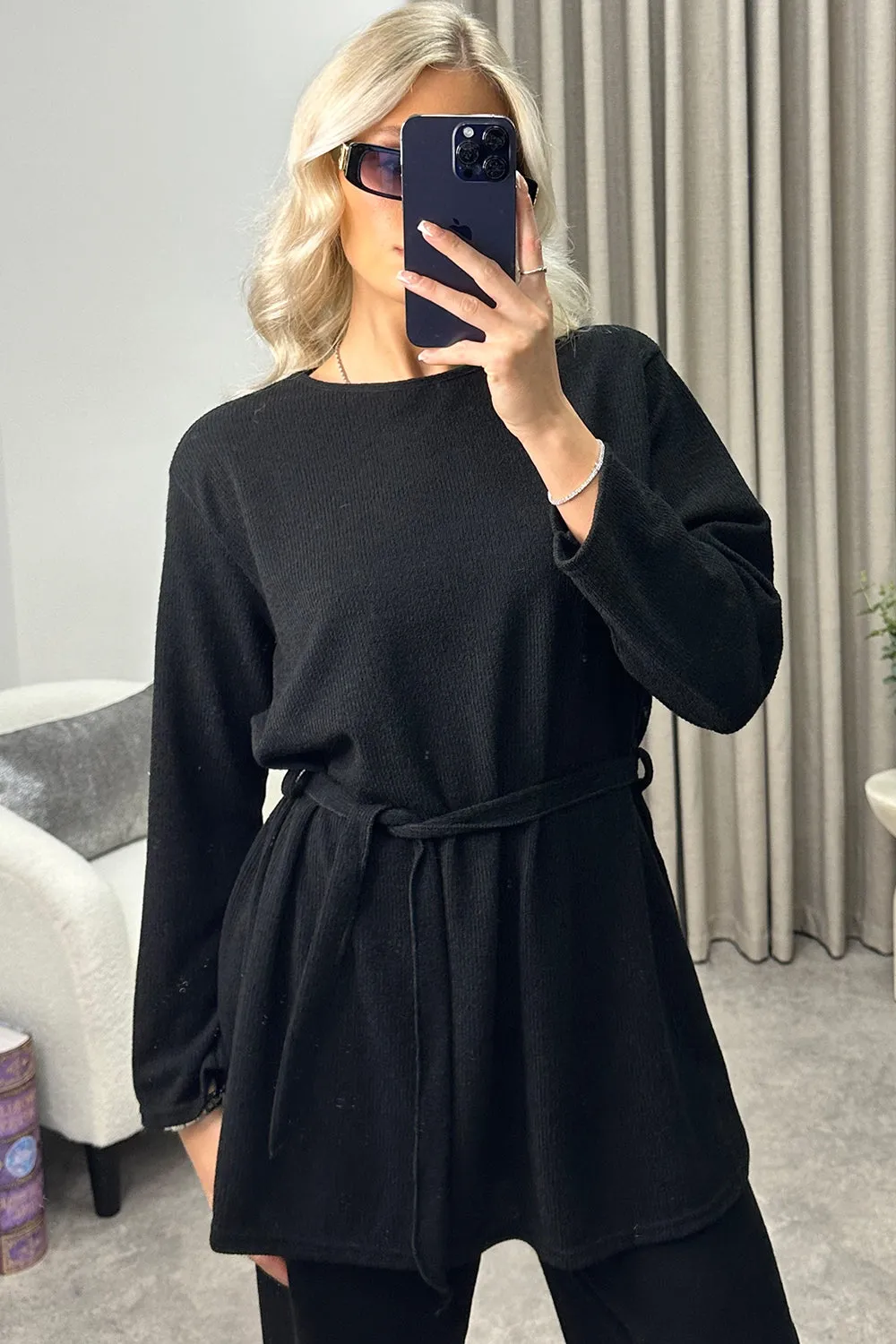 Kourtney Black Tie Belted Top and Trousers Knit Loungewear Set