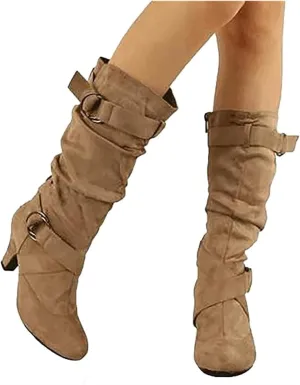 Ladmiple Fall Bo_ots Women Wide_Calf Knee_High Bo_ots Cone he_el Party Fashion Classic Slouchy Western Cowboy Cowgirl Bo_ots