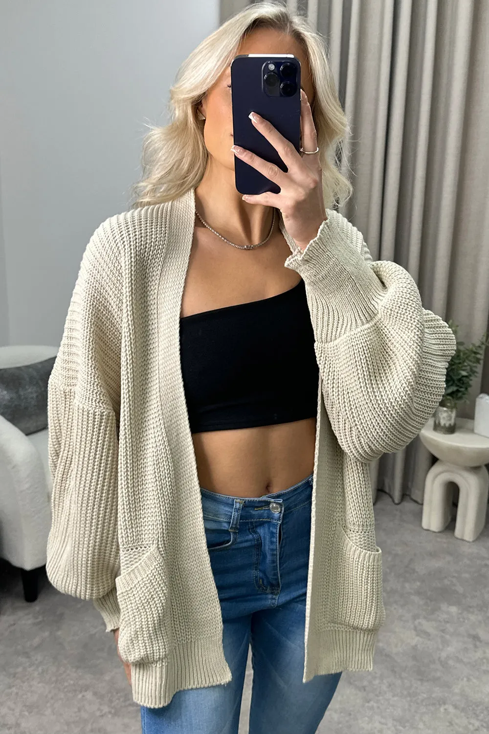 Lexa Beige Balloon Sleeve Knitted Cardigan