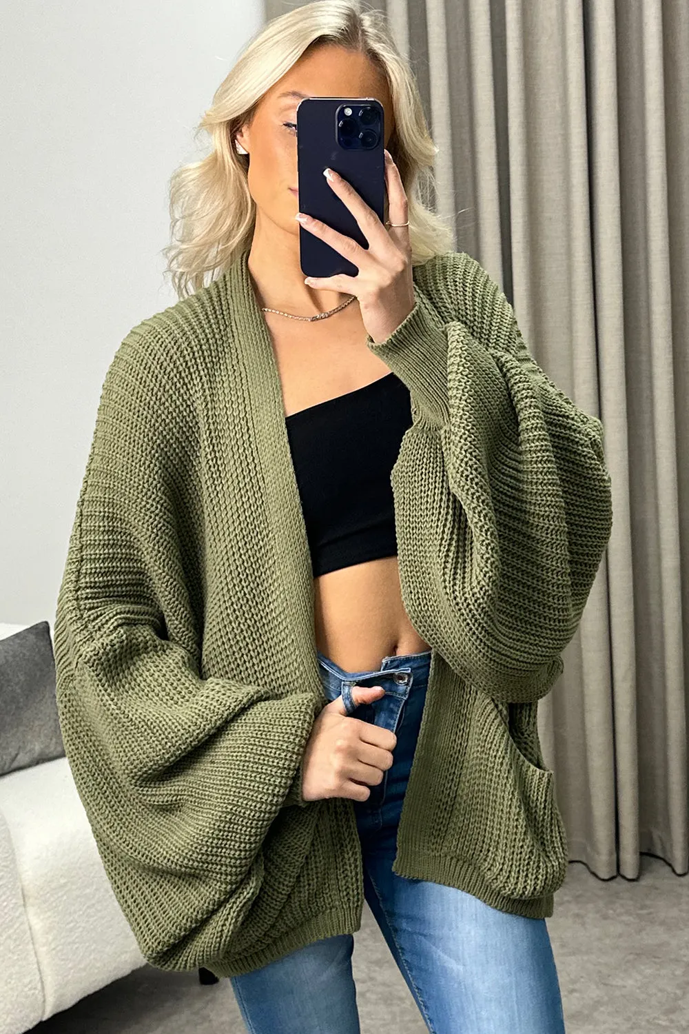 Lexa Khaki Balloon Sleeve Knitted Cardigan